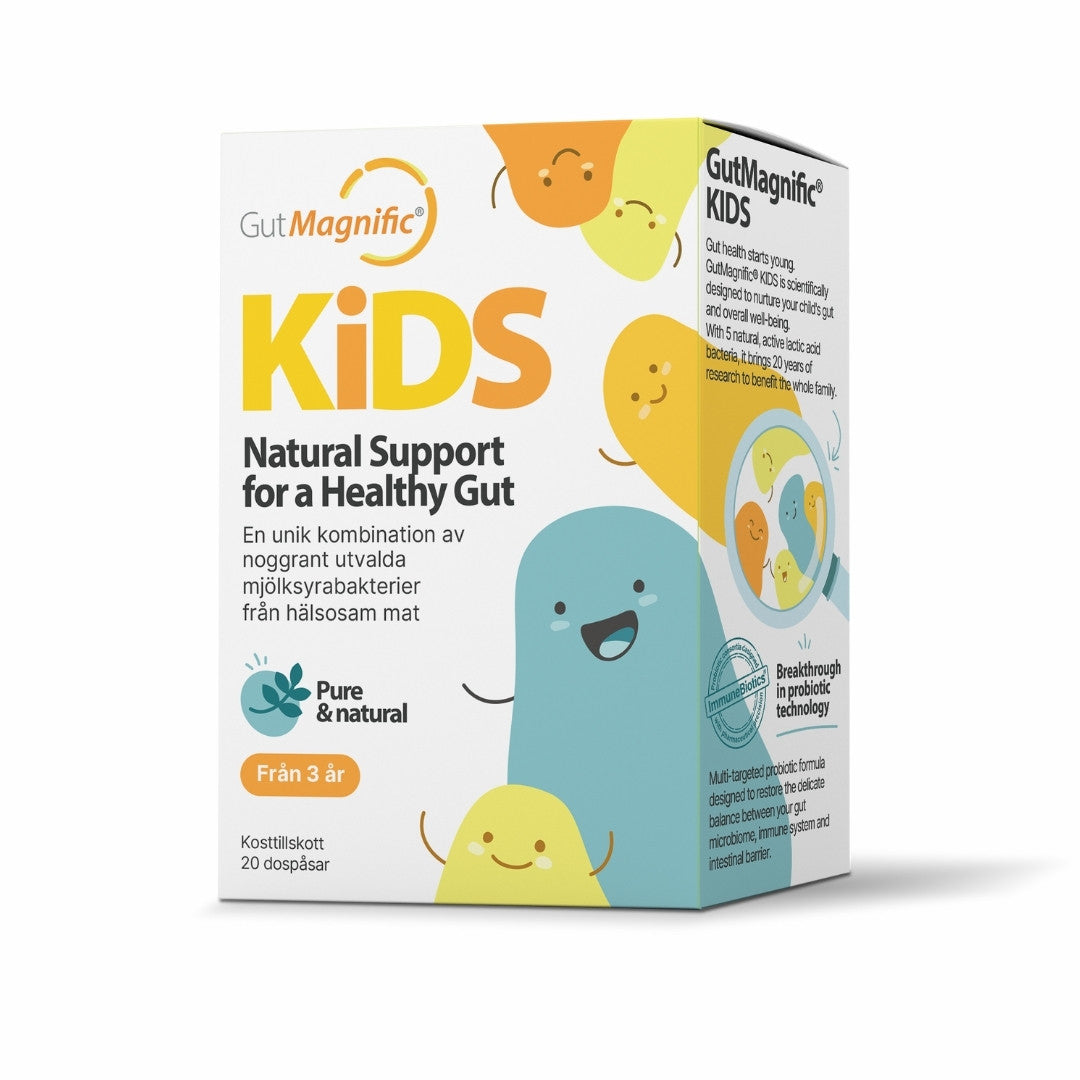 Front of GutMagnific KIDS box, histamine-free probiotic strains as vegan, child-friendly stick pack formulation.