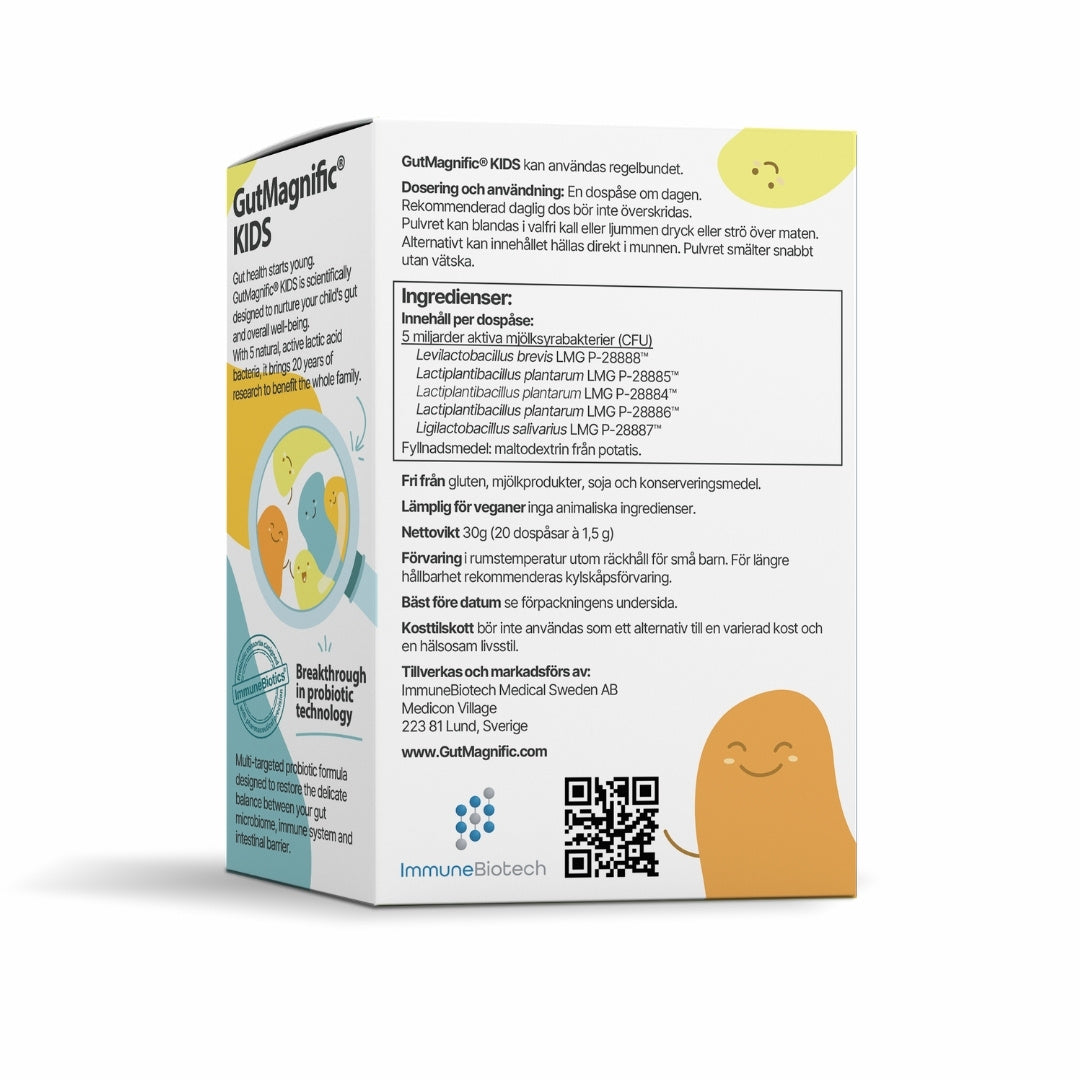 Back of GutMagnific® KIDS box showing 5 natural probiotic strains, same as original GutMagnific® capsules.
