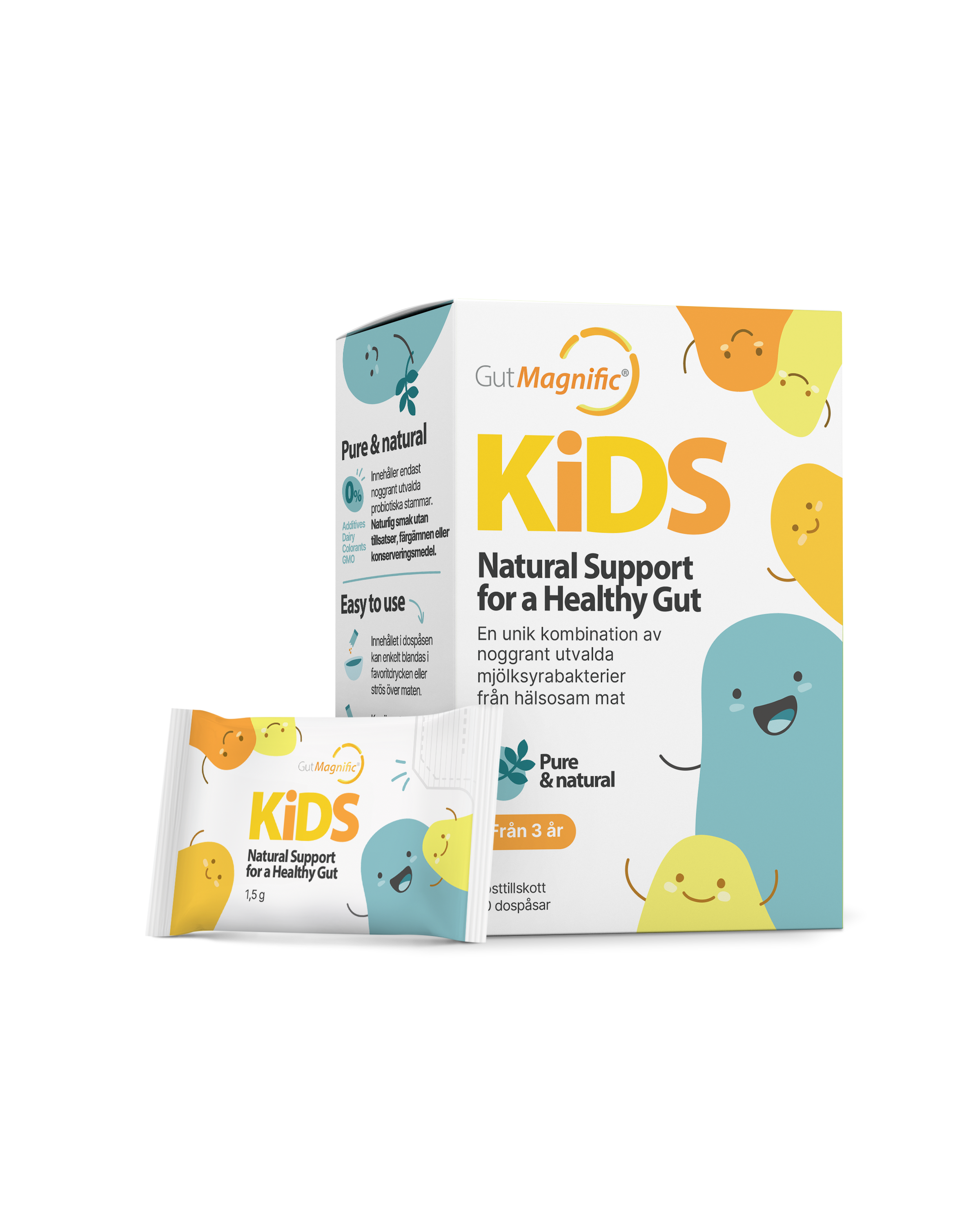 GutMagnific KIDS – probiotic supplement for children with 5 billion CFU per stick, ultra-clean and neutral-tasting.