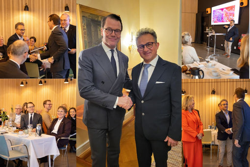 Dr Shahram Lavasani explain gut microbiome and probiotic research for His Royal Highness Prince Daniel at a visit at Medicon Village