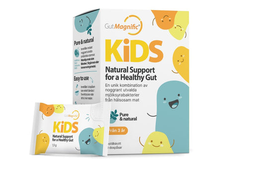 GutMagnific KIDS stick pack with 5 billion CFU of child-friendly probiotic strains in fast-dissolving powder.