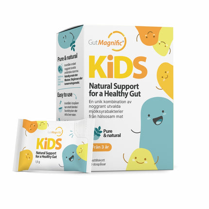 GutMagnific KIDS – probiotic supplement for children with 5 billion CFU per stick, ultra-clean and neutral-tasting.