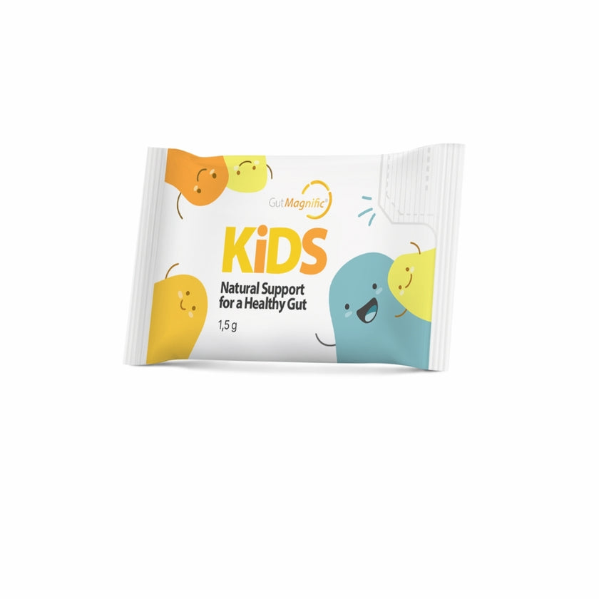 GutMagnific KIDS stick pack with 5 billion CFU of child-friendly probiotic strains in fast-dissolving powder.