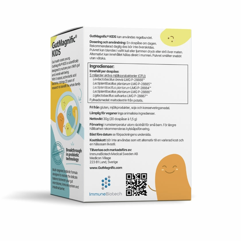 Back of GutMagnific® KIDS box showing 5 natural probiotic strains, same as original GutMagnific® capsules.